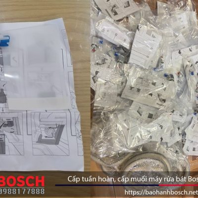 Vật tư, linh kiện lắp đặt máy rửa bát Bosch, hướng dẫn lắp đặt và phụ kiện đi kèm. Các phần nhỏ gắn tường, ống nước, muối rửa bát Bosch, phụ kiện Uy tín, gói phụ kiện lắp đặt đầy đủ.